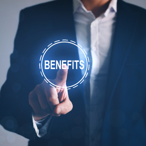 image of a business person pressing a virtual button that reads benefits