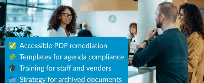 People speaking at a public service counter, with an overlay listing services: accessible PDF remediation, agenda templates, staff training, and archive strategy.