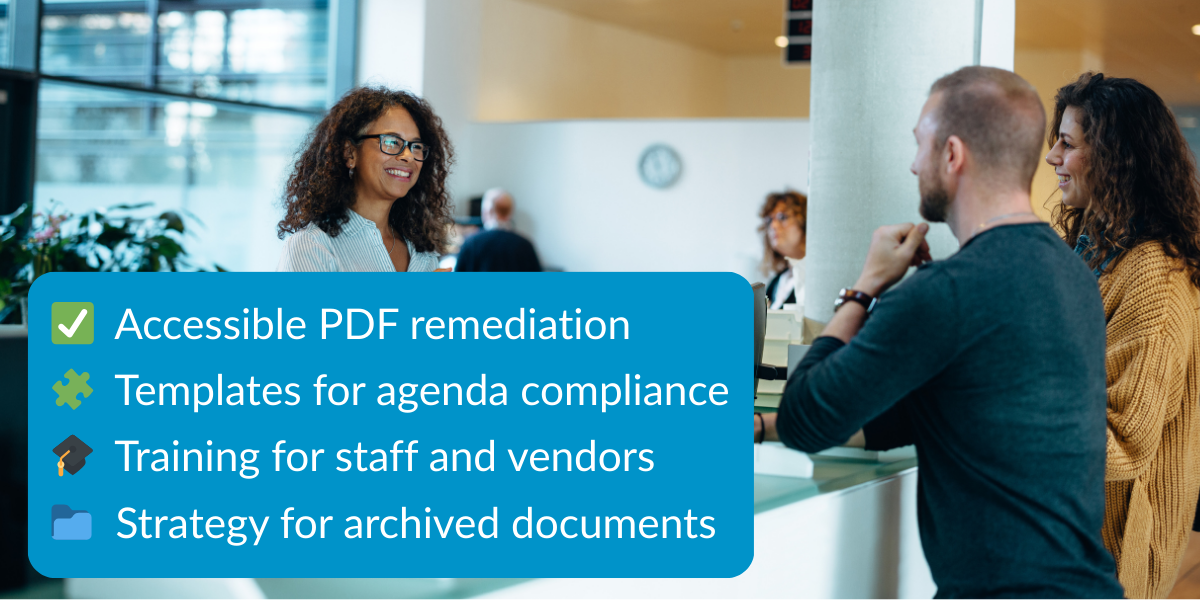 People speaking at a public service counter, with an overlay listing services: accessible PDF remediation, agenda templates, staff training, and archive strategy.