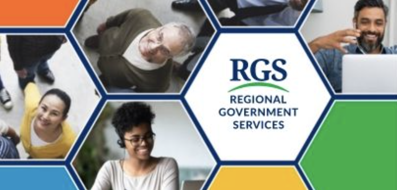 Collage of diverse people in hexagon shapes alongside the Regional Government Services (RGS) logo.