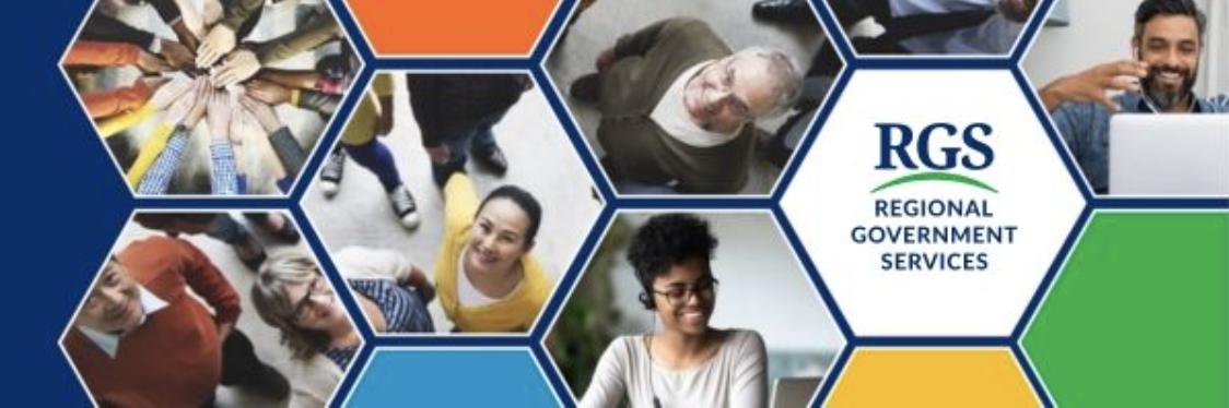 Collage of diverse people smiling, working, and collaborating, arranged in hexagonal shapes around the Regional Government Services (RGS) logo in the center.