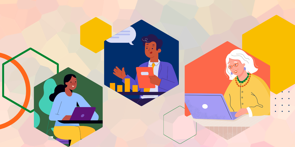 Multi-generational workforce graphic includes animated graphics of three people of varying ages in a remote work environment