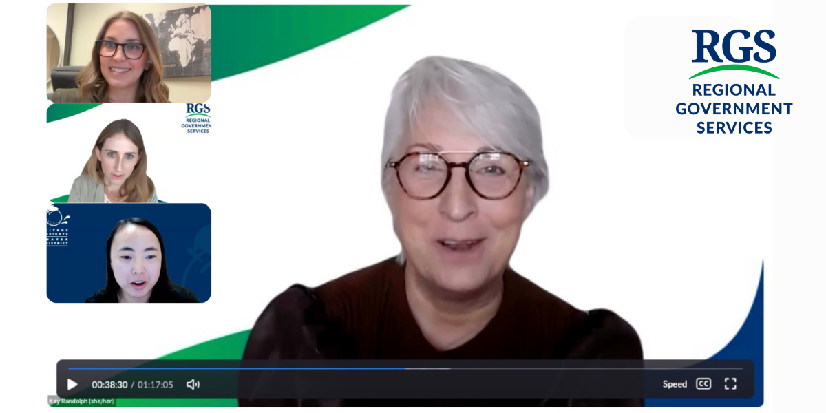 Screenshot of a virtual webinar with a speaker centered on an RGS-branded background and three participant thumbnails on the left.