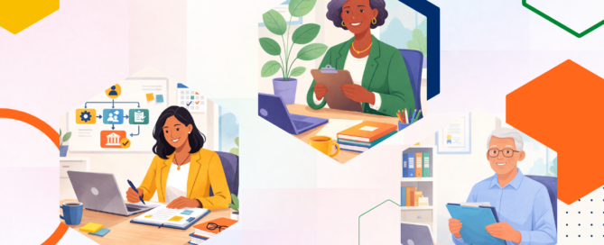 Presentation of three animated business people at their desk that represent succession planning.