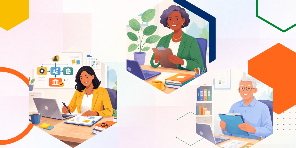 Presentation of three animated business people at their desk that represent succession planning.