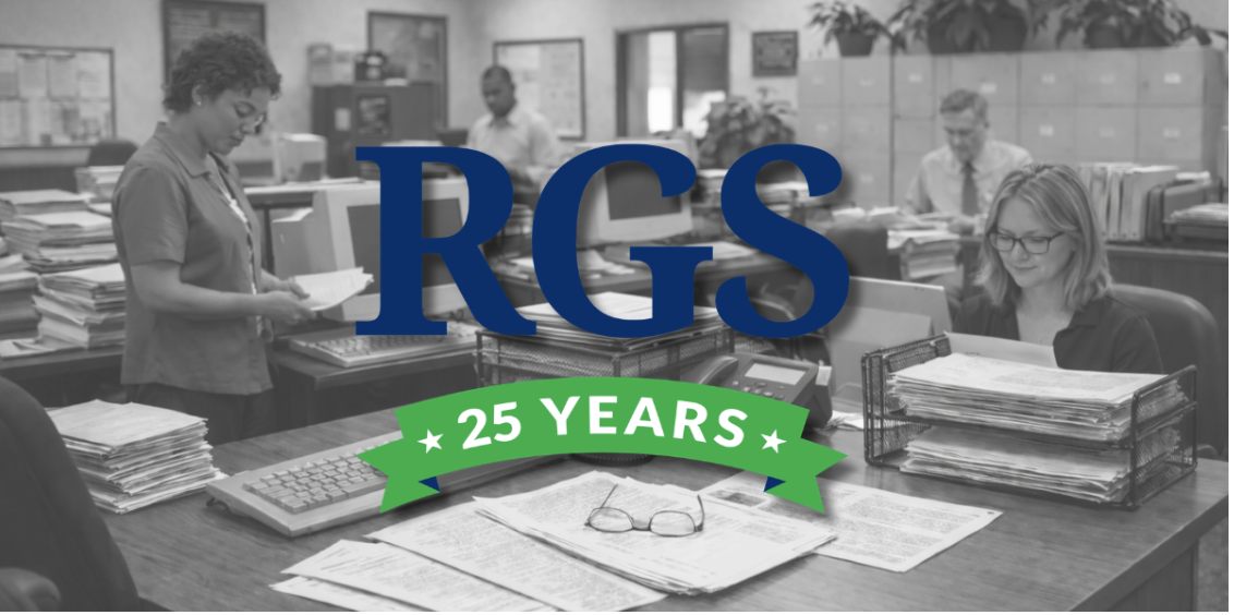 Black-and-white office scene with the RGS logo and a green “25 Years” banner.