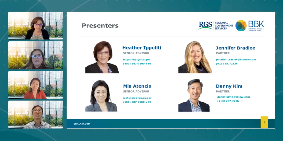 Presentation slide showing RGS and BBK presenters, including Heather Ippoliti, Jennifer Bradlee, Mia Atencio, and Danny Kim, with participant video thumbnails on the side.